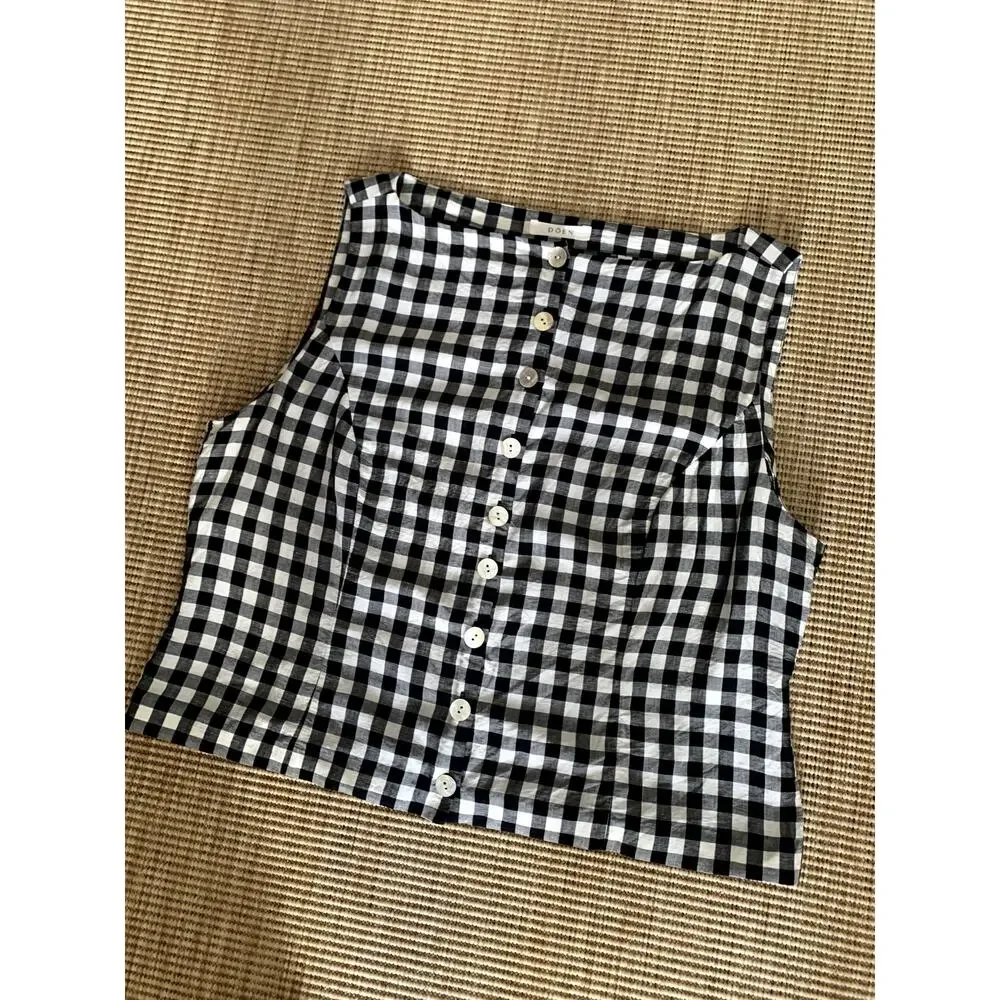 Doen Hayden Linen Button Boatneck Sleeveless Top Black Marilyn Gingham White - Picture 10 of 14